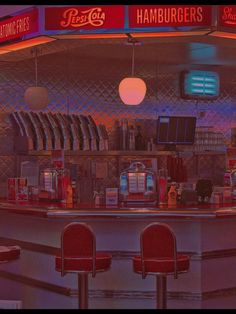 Colorful diner full of decorations, gives of a kind of weird carnival look and feels slightly off.